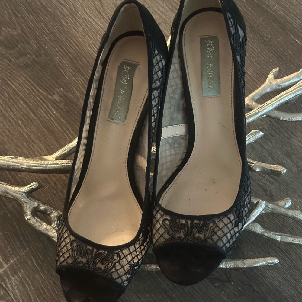 Betsey Johnson Black Lace Peep-Toe Heels